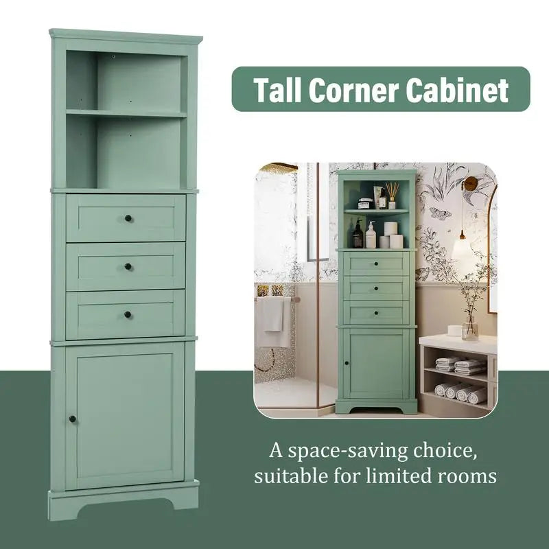 Green Triangle Tall Cabinet, 3 Drawers, Adjustable Shelves