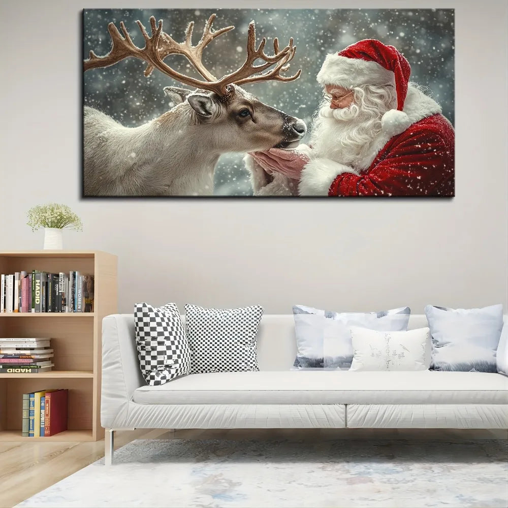 Christmas Miracle Warm Santa and elk hanging canvas art, vivid Christmas decorations, 1.5 inch thick pine solid wood frame
