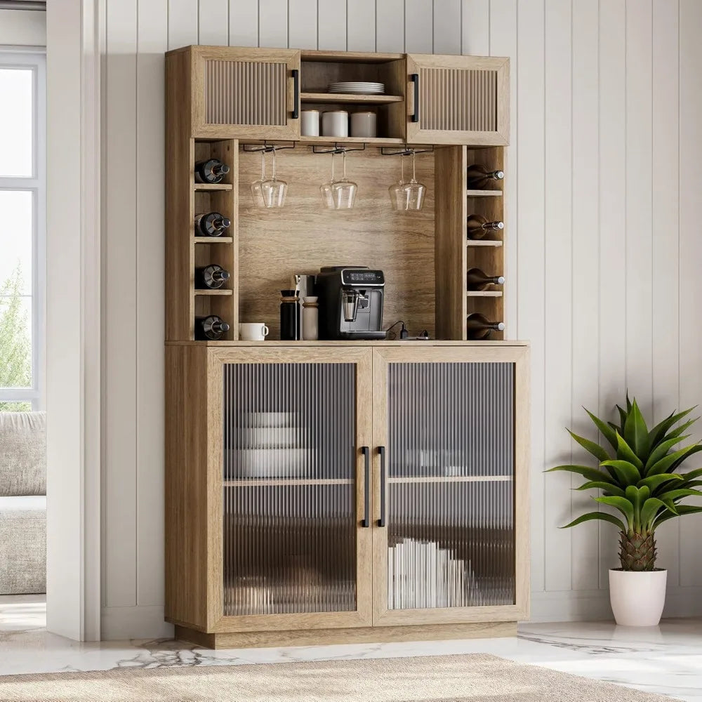 Coffee Wine Bar Cabinet with Power Outlet, 72" Rustic Liquor Cabinet, with Storage Kitchen Pantry Cupboard,Fluted Buffet Cabinet