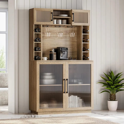 Coffee Wine Bar Cabinet with Power Outlet, 72" Rustic Liquor Cabinet, with Storage Kitchen Pantry Cupboard,Fluted Buffet Cabinet