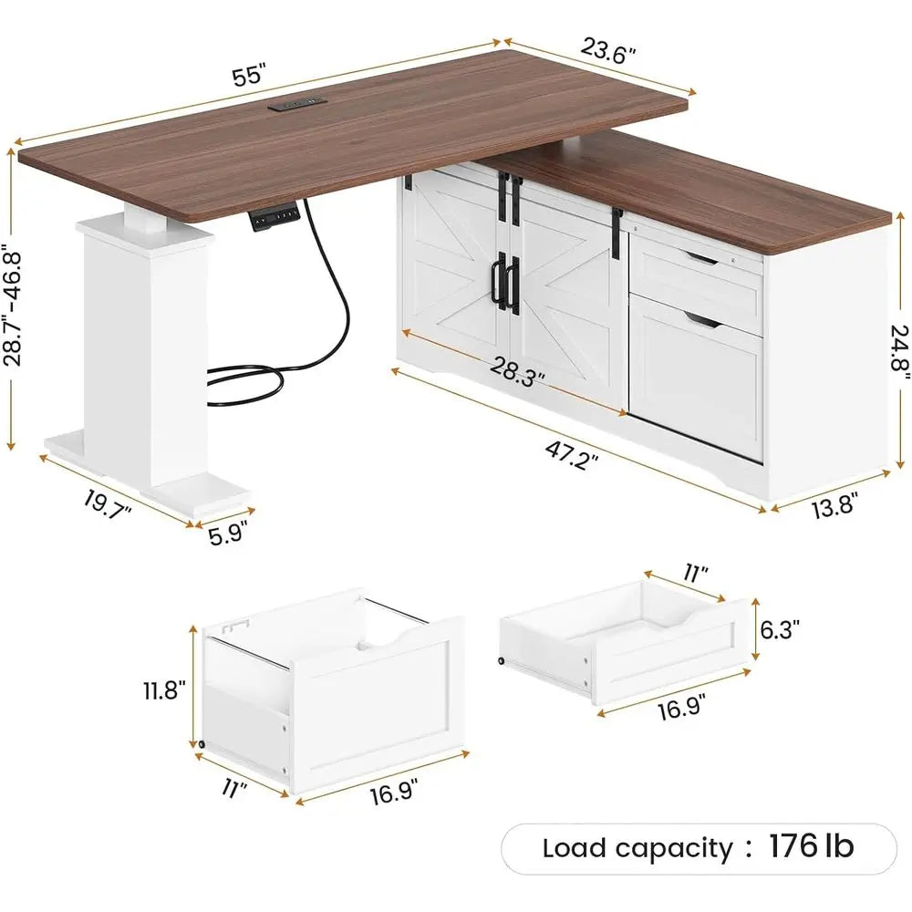 L Shaped Standing Desk, 55 inch Height Adjustable Desk with Storage Standing Computer Desks with Power Outlets