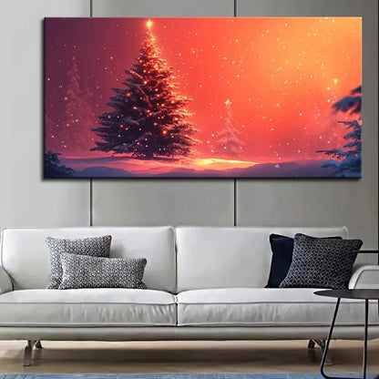 A Christmas tree landscape in a dreamy night scene, adding festive atmosphere and joy, with a 1.5 inch thick solid wood frame