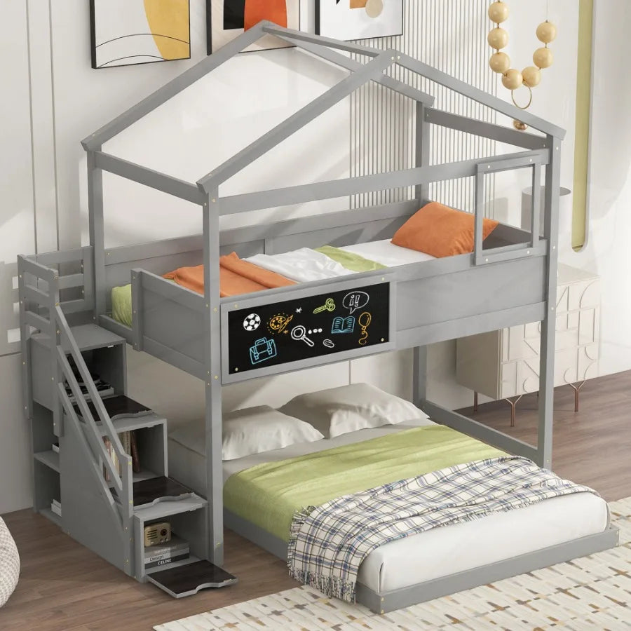 Twin over Full House Bunk Bed with Storage Staircase and Blackboard