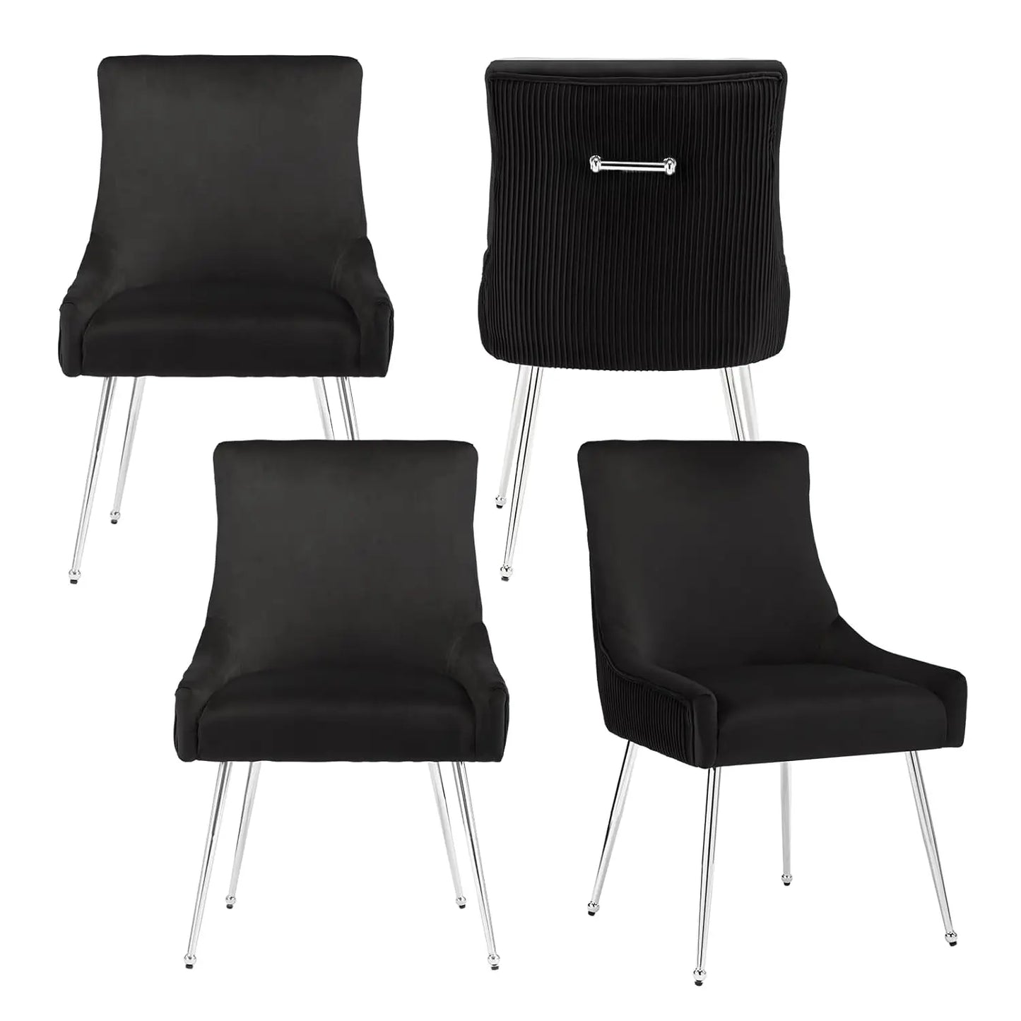 Velvet Dining Chairs Set of 4, Modern Upholstered Kitchen Chair with Pull Handle & Pleated Back, Mid Century Accent