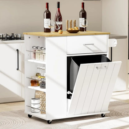 Rolling Kitchen Island with Trash Can Storage, Portable Kitchen Island on Wheels with Towel Rack & Spice Rack, Tilt Out Trash