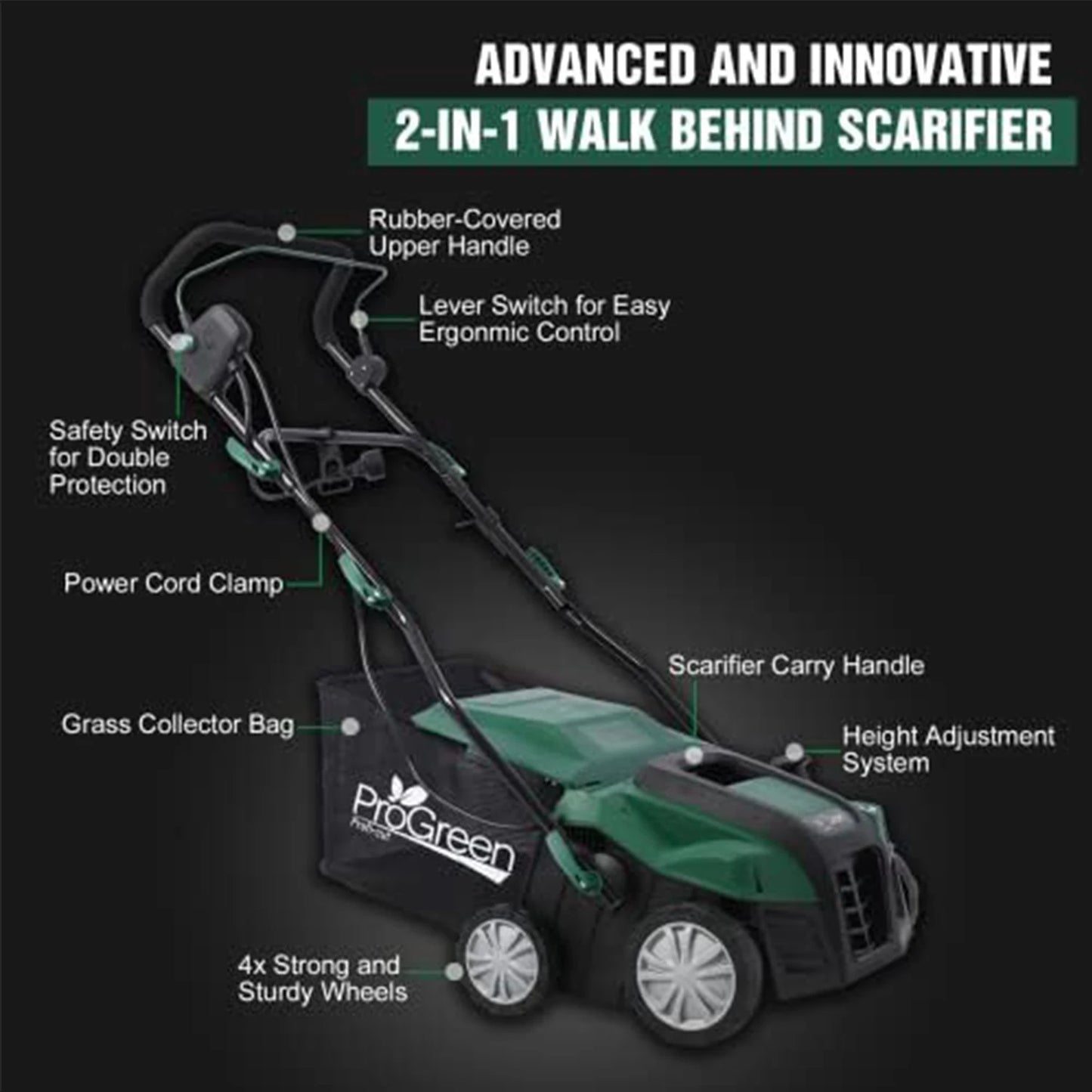 2-in-1 Electric Garden Scarifier & Dethatcher 15AMP Lawn Aerator with 58QT Detachable Bag 5 Height Adjustments for Thatch