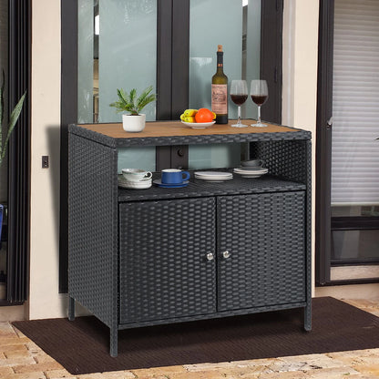 Weatherproof Outdoor Wicker Bar Table Storage Cabinet w/Double Doors & Shelves, Rattan Patio Buffet Console for Garden Poolside