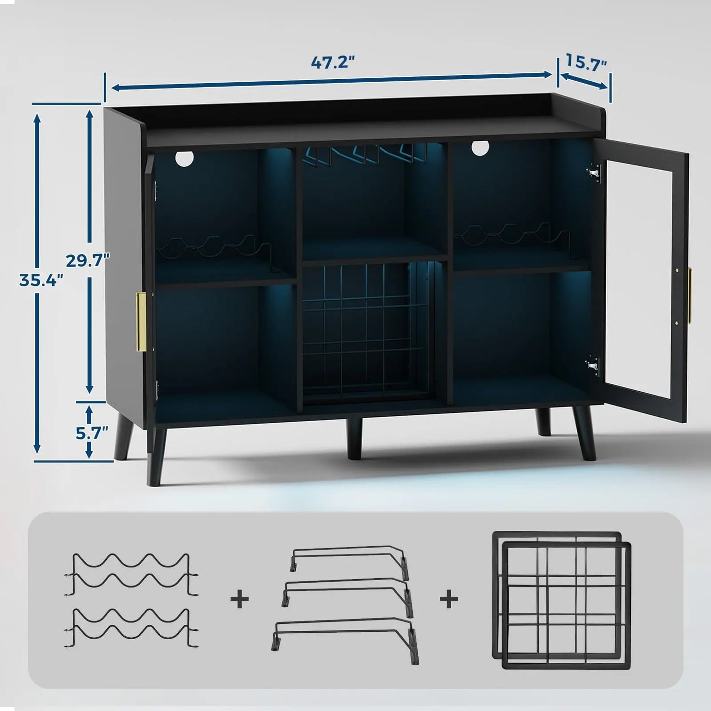 Wine Bar Cabinet With Led Lights & Glass Holder, Freestanding Sideboard With Wine Rack For Dining Room Kitchen Storage