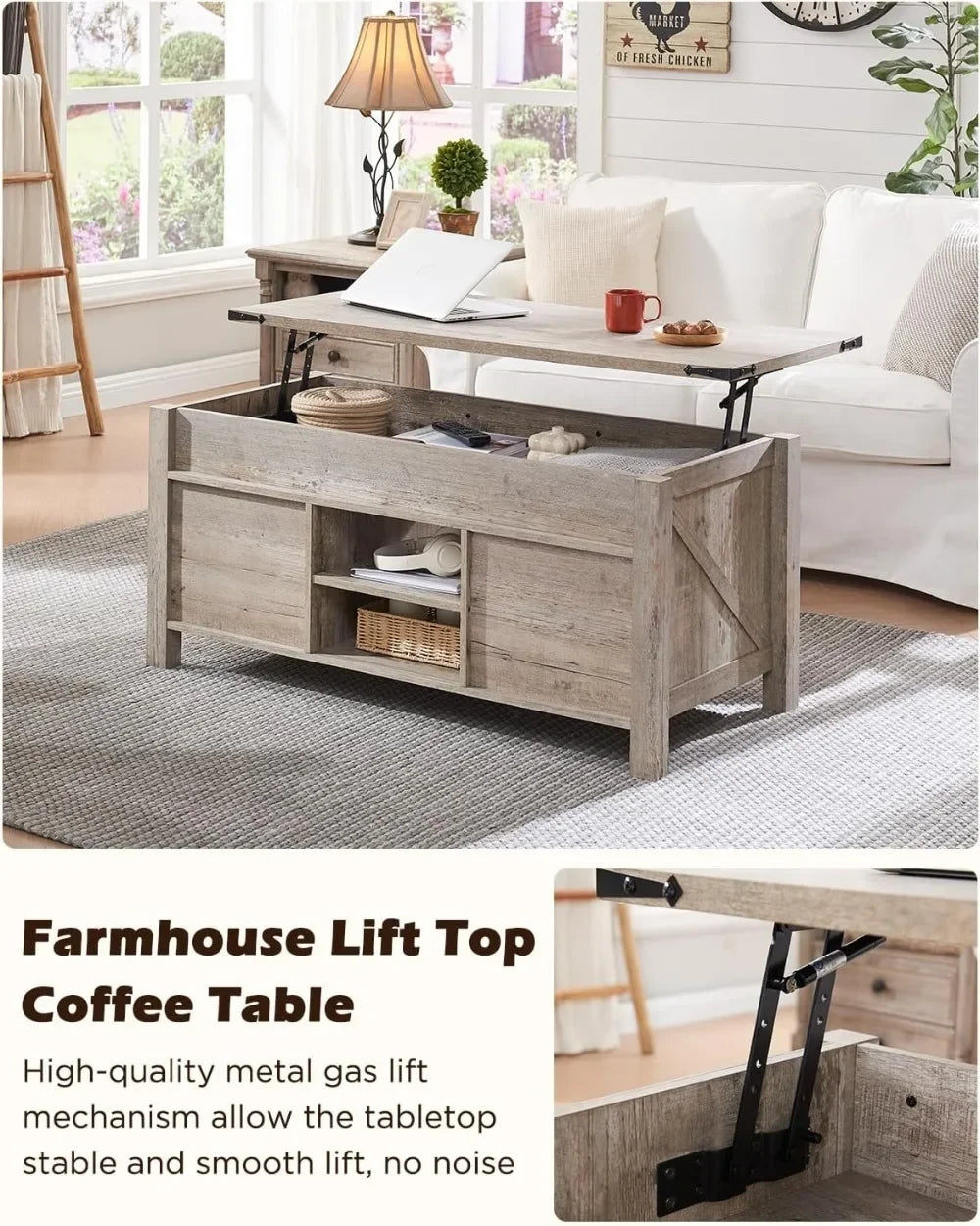 Lift Top Coffee Table with Sliding Barn Door, Rustic Farmhouse Storage Table for Living Room, Adjustable Shelf