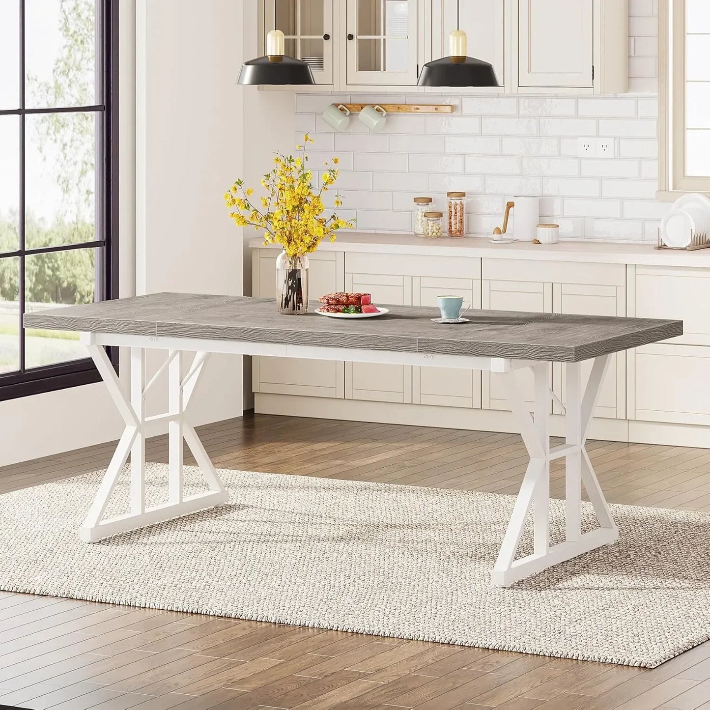 Farmhouse Dining Table for 6 People, 70.8-Inch Rectangular Wood Dining Table, Rustic Kitchen Table with Heavy Duty Metal Legs