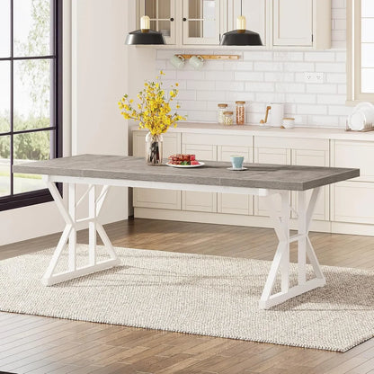 Farmhouse Dining Table for 6 People, 70.8-Inch Rectangular Wood Dining Table, Rustic Kitchen Table with Heavy Duty Metal Legs
