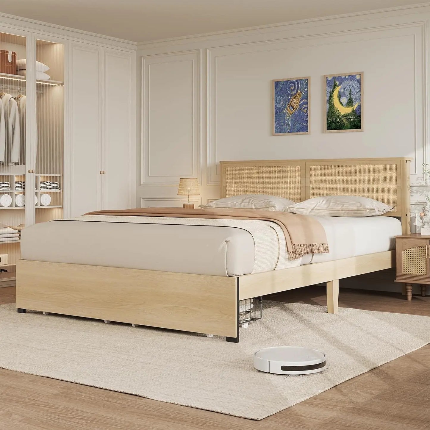 Rattan Bed Frame with Headboard, Boho Cane Platform Bed Frame with Drawer, Strong Metal Slats Support