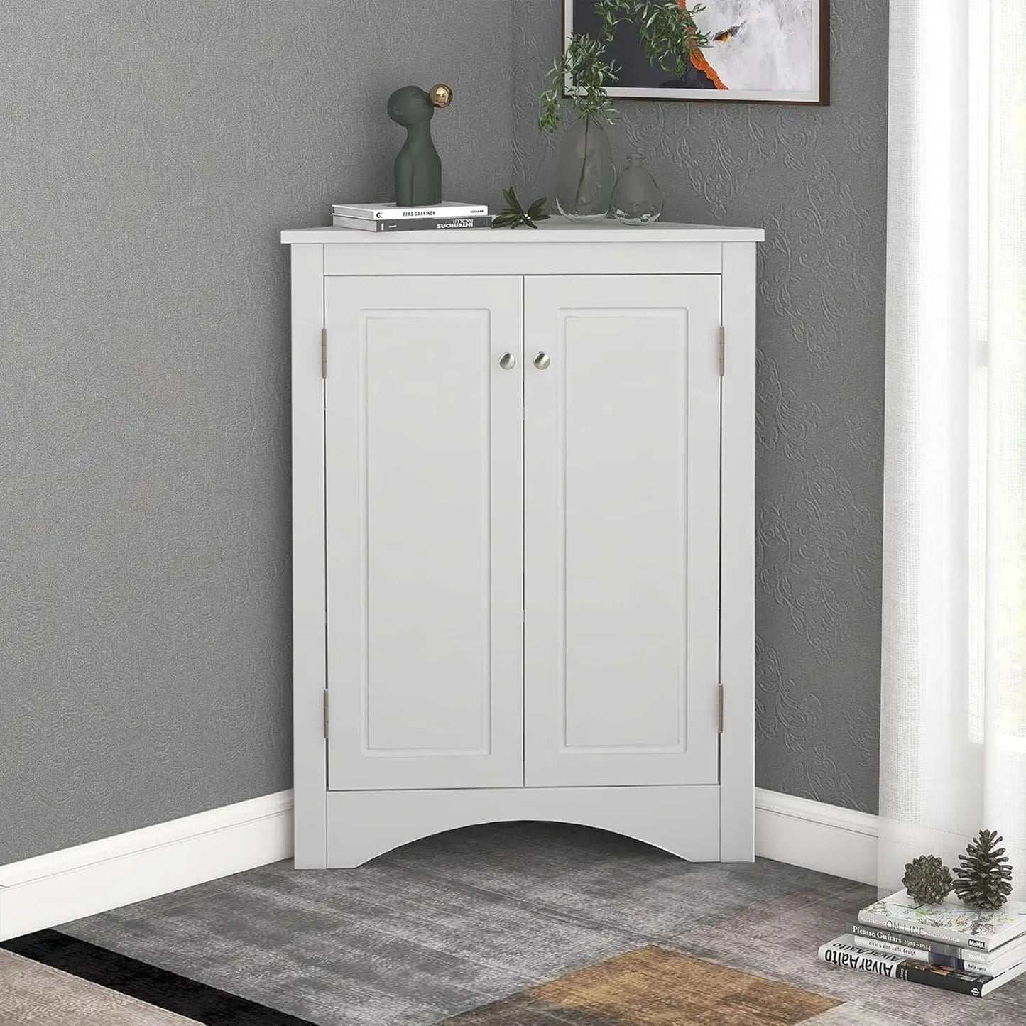 Corner Storage Cabinet with Adjustable Shelves, Triangle Bathroom & Kitchen Organizer, Freestanding Floor Cabinet for Toilet Kit