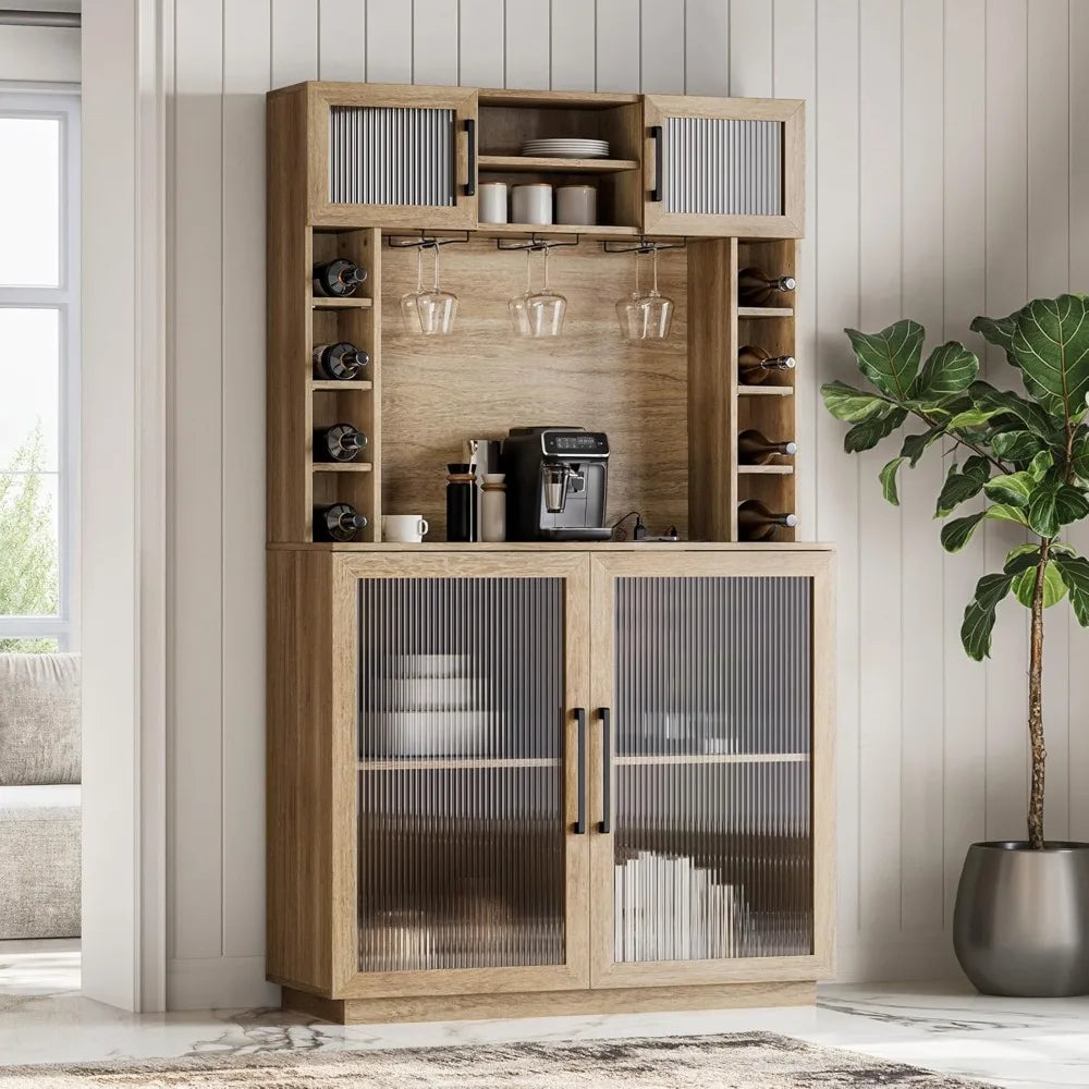 Coffee Wine Bar Cabinet with Power Outlet, 72" Rustic Liquor Cabinet, with Storage Kitchen Pantry Cupboard,Fluted Buffet Cabinet