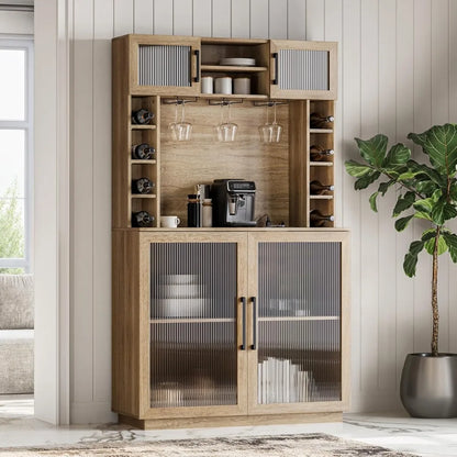 Coffee Wine Bar Cabinet with Power Outlet, 72" Rustic Liquor Cabinet, with Storage Kitchen Pantry Cupboard,Fluted Buffet Cabinet