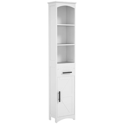 Tall Bathroom Storage Cabinet, Farmhouse Narrow Bathroom Storage Cabinet with Recessed Drawer and Barn Door, White