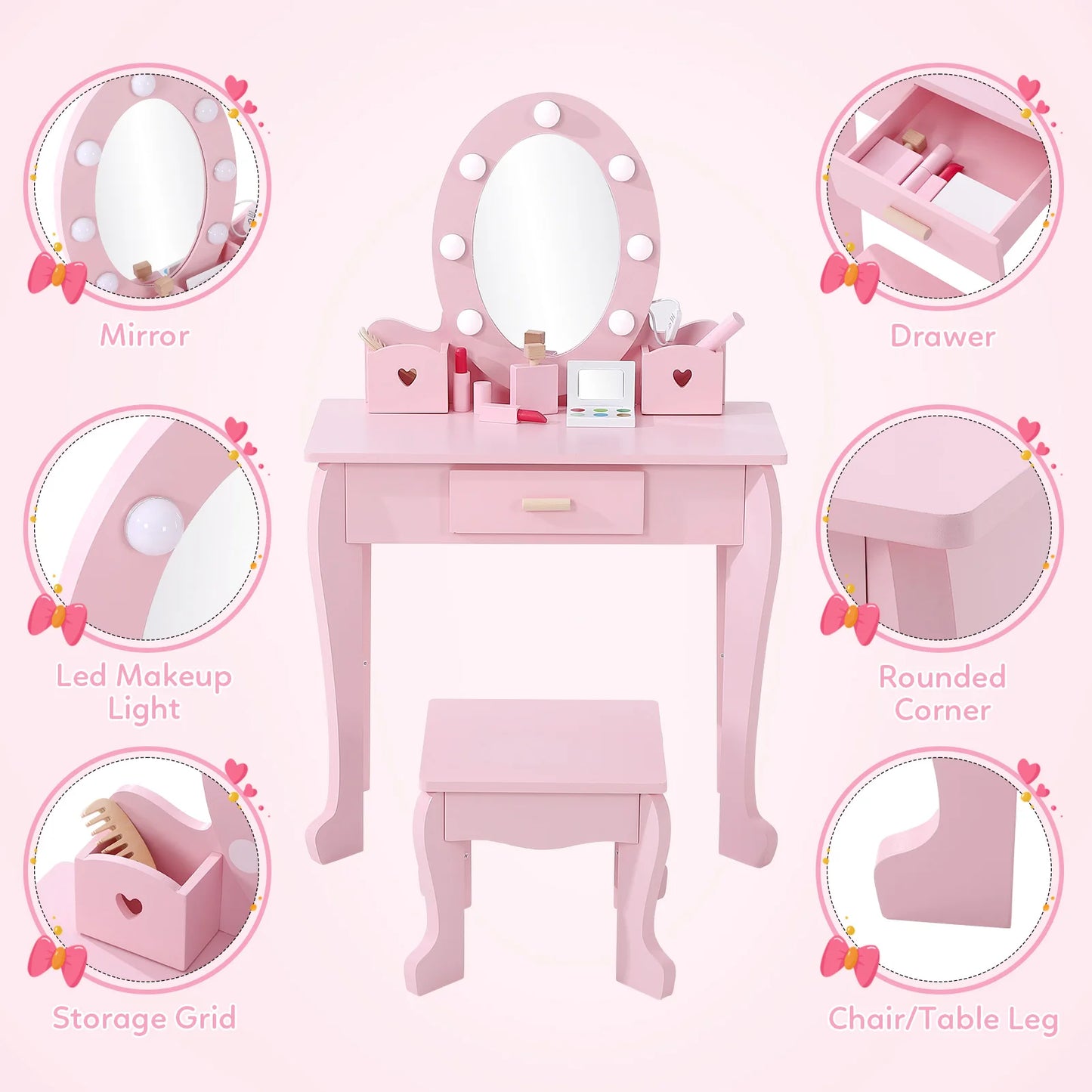 Girls' Vanity Table and Chair Set, Kids Makeup Dressing Table