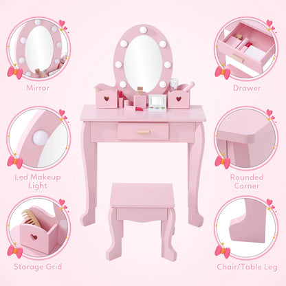 Girls' Vanity Table and Chair Set, Kids Makeup Dressing Table