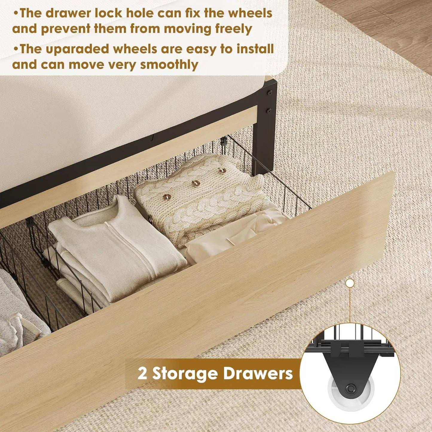Rattan Bed Frame with Headboard, Boho Cane Platform Bed Frame with Drawer, Strong Metal Slats Support