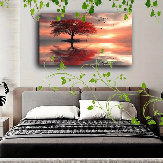 1.5 inch thick solid wood pine frame, interior art deco, depicting red leaf trees, abstract sunsets