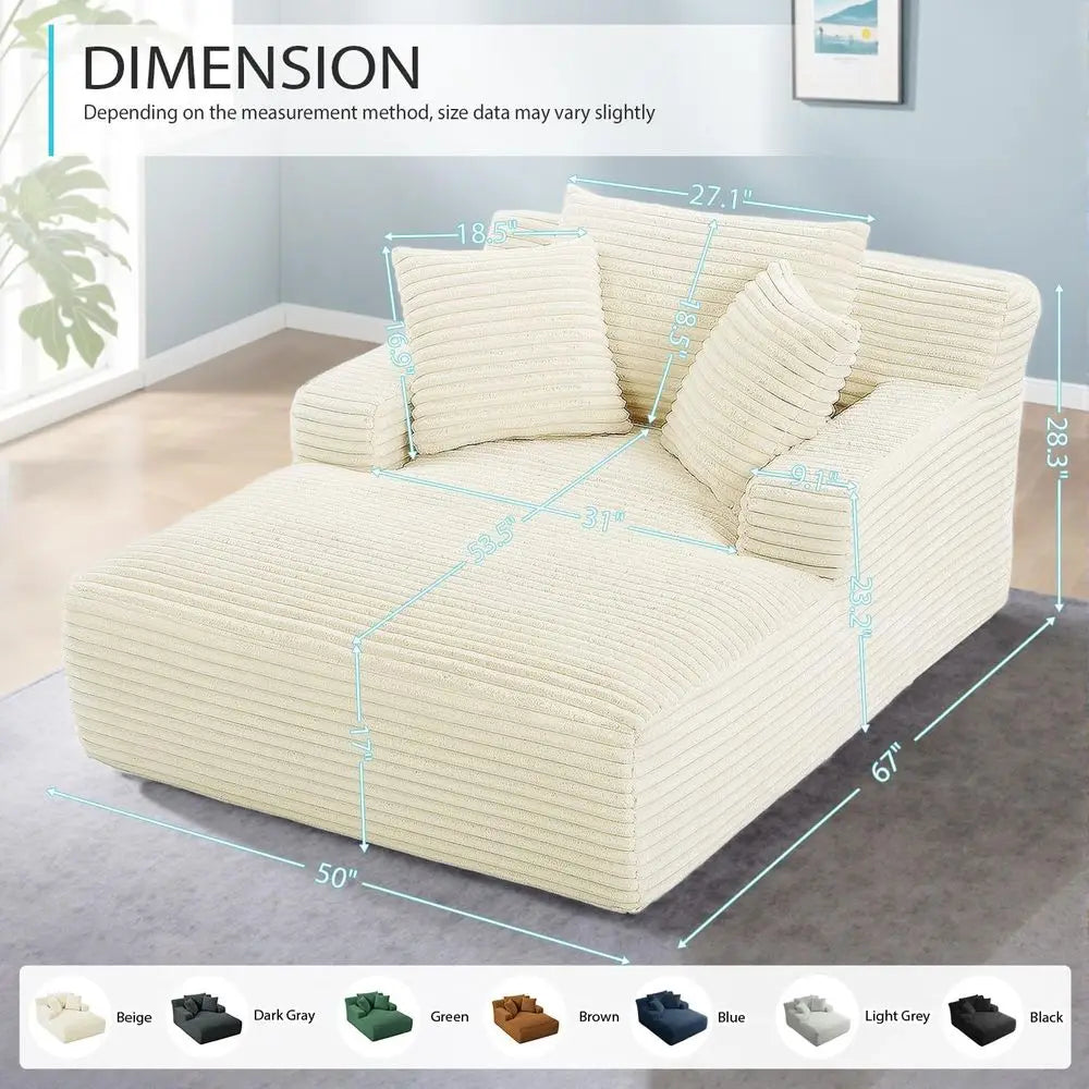 Oversized Corduroy Chaise Lounge Chair, Deep Seat Sleeper Sofa, Cloud Comfort Reading Couch for Living Room