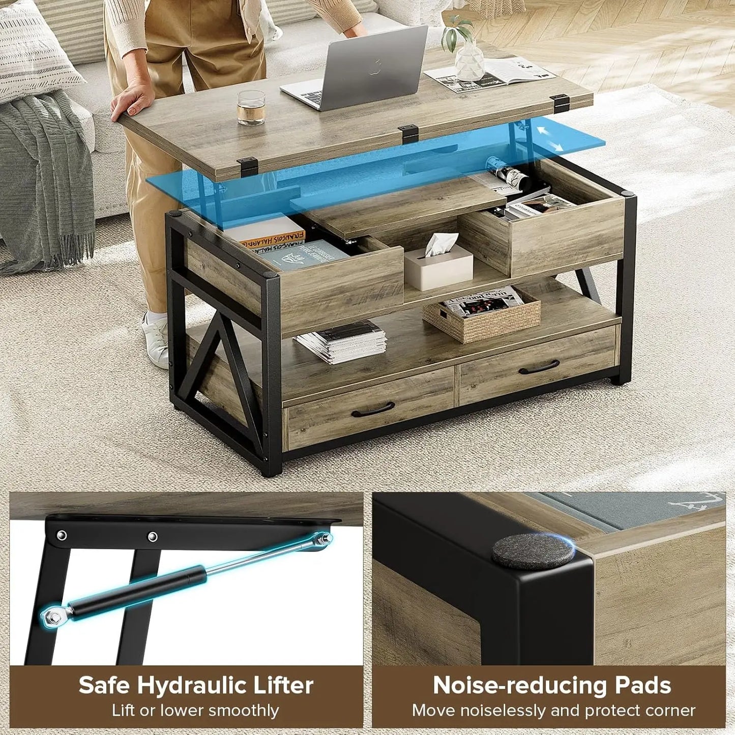 40" Lift Top Coffee Table,4 in 1 Multi-Function Lift Coffee Tables with Storage Drawers and Hidden, Customized