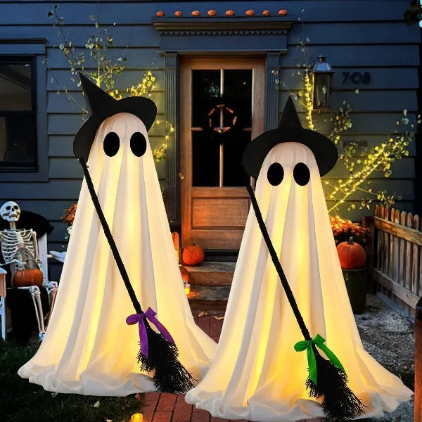Spooky Ghost Halloween Decor with Witch Broom, Scary Ghosts Decor with LED Lights