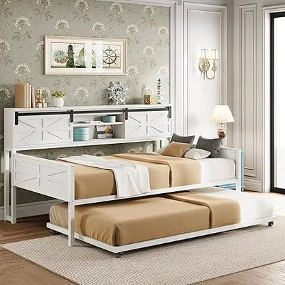 Daybed with Trundle, Rustic Bed Twin with Storage and Charging Station