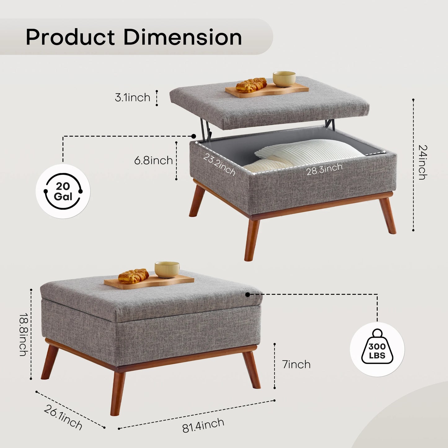 Large Storage Ottoman , 31.4 inch Lift Top Large Coffee Table with High-density Foam Wood Legs