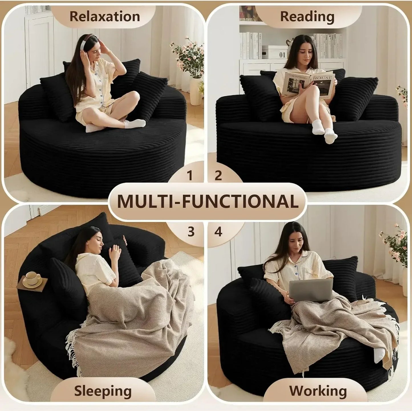 Oversized Round Chair Lounge Chaise Indoor, Upholstered Corduroy Deep Seat Cloud Large Circle Sofa Chair,