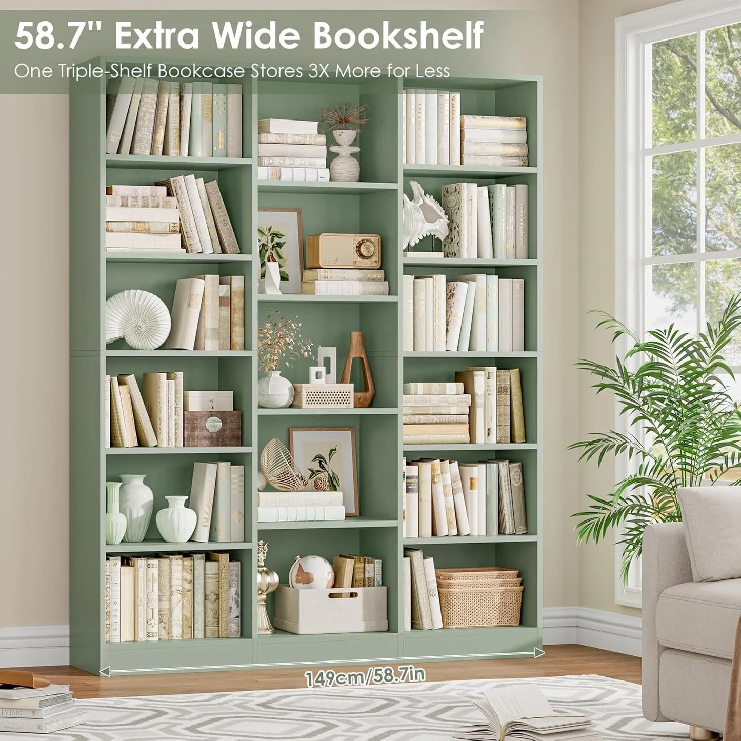Triple Wide Bookshelf, 6 Tier Large Bookshelf, Bookcase with 17 Open Display Shelves, 74'' Tall Bookcases, Customized