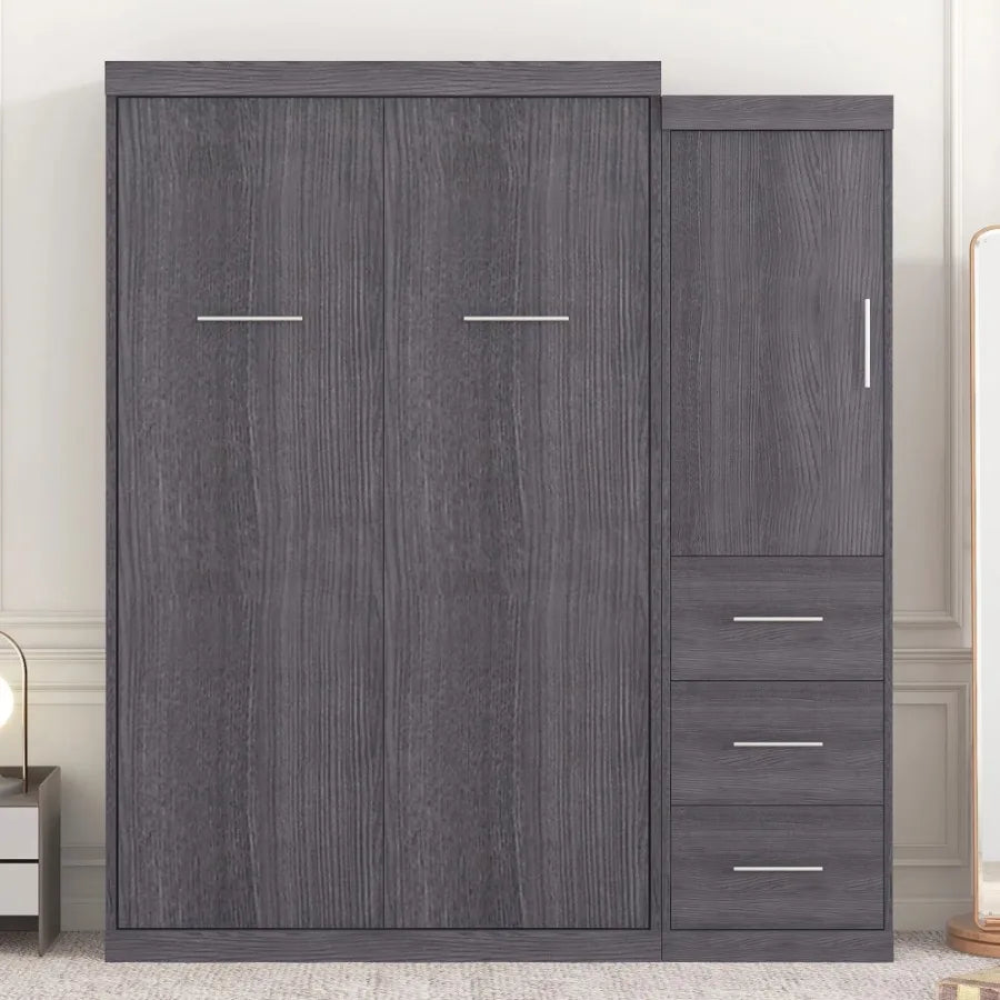 Twin Size Murphy Bed with Wardrobe and Drawers Storage Bed can be Folded into a Cabinet Gray