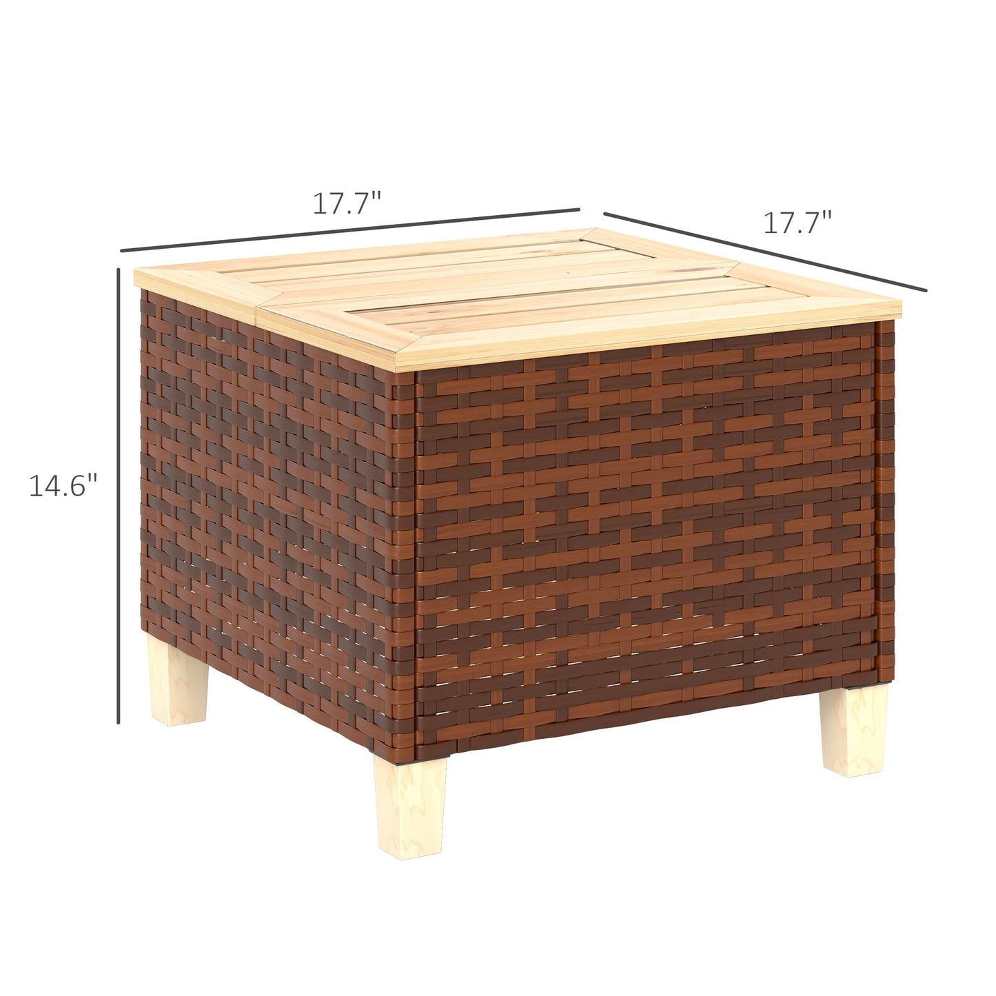 Outdoor Side Table with Pe Rattan, Accent Table with Wood Top, Brown