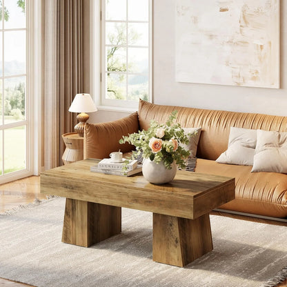 Farmhouse Coffee Table 47Inches, Wooden Rectangular Accent Center Table, Modern Low Cocktail Tea Living Room Furniture