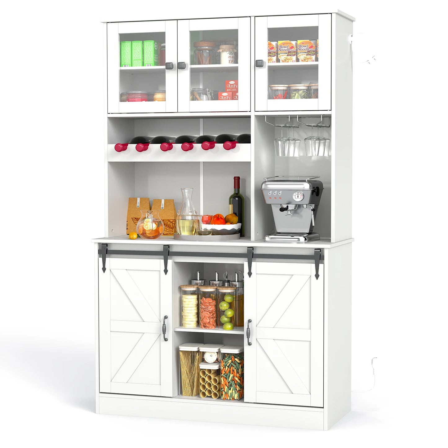Kitchen Pantry Storage Cabinet | Tall Freestanding Hutch with Microwave Stand, Power Outlet, Buffet Cupboard & Glass Doors,
