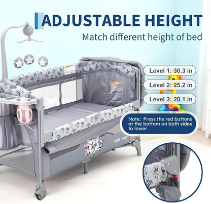 4 in 1 Baby Toddlers Bassinet Bedside Sleeper Portable Pack and Play with Changing Table,Locking Wheels,Zip Door,Storage Toy Bar