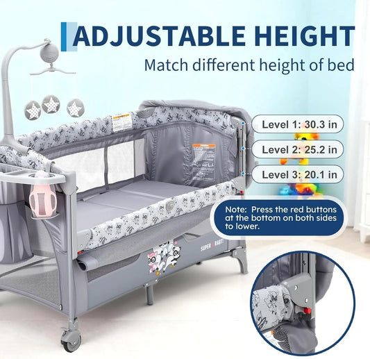 4 in 1 Baby Toddlers Bassinet Bedside Sleeper Portable Pack and Play with Changing Table,Locking Wheels,Zip Door,Storage Toy Bar