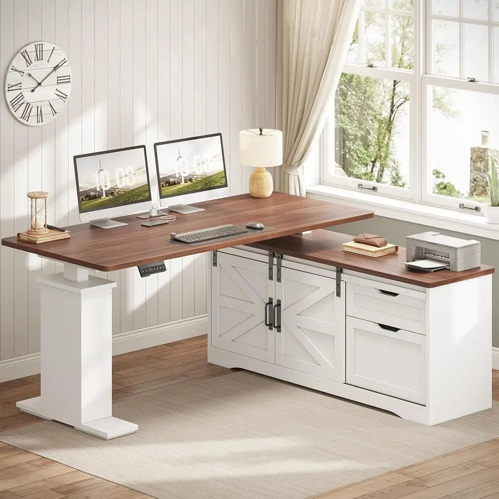 L Shaped Standing Desk, 55 inch Height Adjustable Desk with Storage Standing Computer Desks with Power Outlets