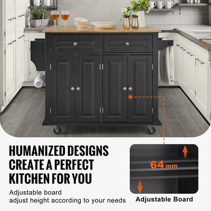 Kitchen Island Cart Wood Top Mobile Carts with Storage Cabinet Rolling Table with Drop Leaf Spice Rack Towel Bar