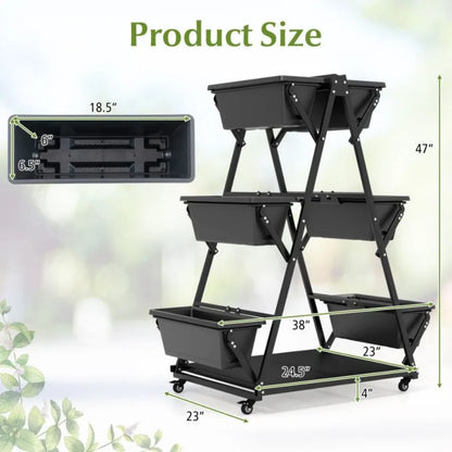 3Tier Vertical Raised Garden Bed with 4 Wheels and 6 Container Boxes