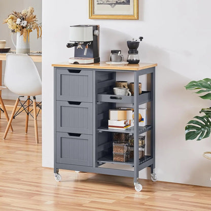 Kitchen Island Cart on Wheels, Rolling Storage Cart with Bamboo Countertop, 3 Drawers, 3 Removable Shelves & Lockable Casters