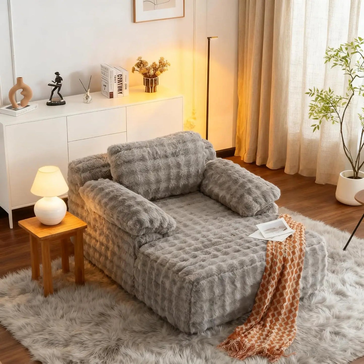 Oversized Chaise Lounge Chair Indoor Reading Chairs Comfy Bubble Fleece Upholstered Boneless Sofa Bed Sleeper, Customized