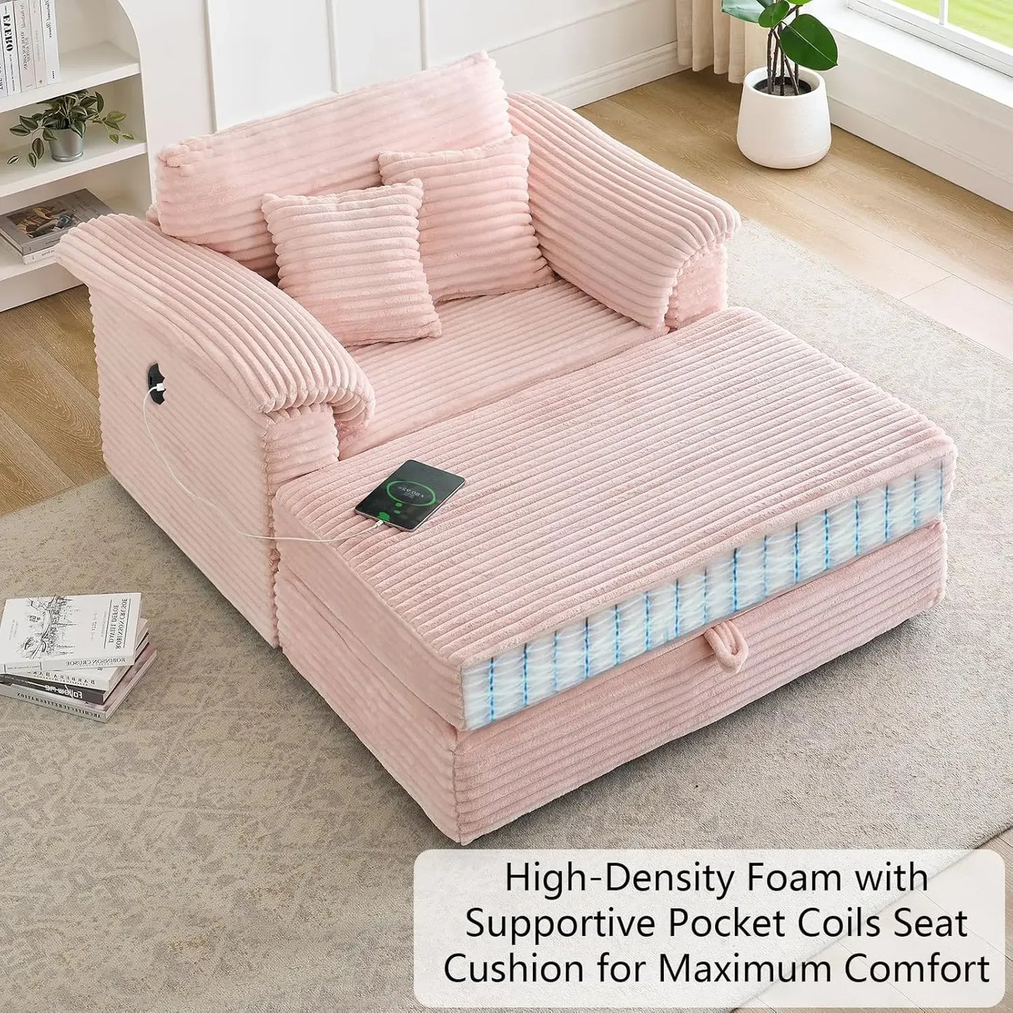Oversized Chaise Lounge Chair Couch Indoor - Deep Seat Sofa Bed, Corduroy Sleeper Cloud with USB Charging, Customized