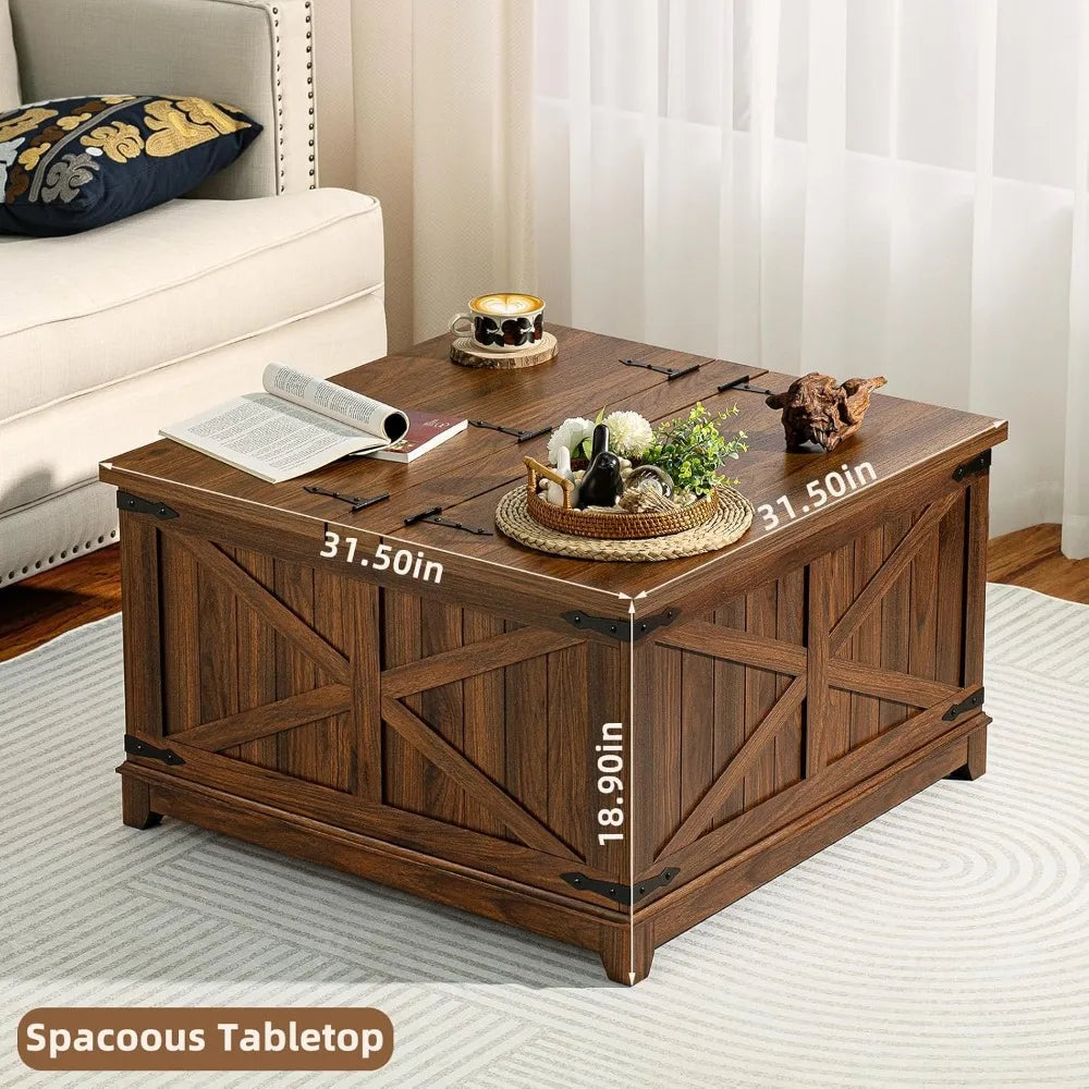 Farmhouse Coffee Table with Hidden Storage Space, Wood Square Large Center Table for Living Room, Farm House Rustic Brown