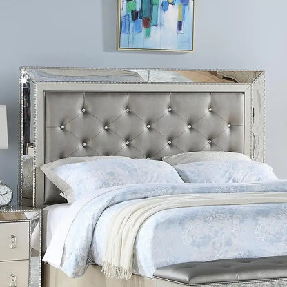 Glam Luxurious Queen Size Bed with Drawer Footboard, Silver Mirror Accents, Tufted Headboard Furniture Set for Modern Bedroom