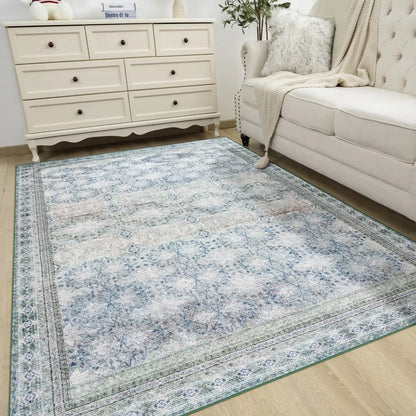 Floral Washable Rugs, Area Rug for Living Room, Soft Large Boho Bedroom Rugs, Botanical Non Slip Ultra Thin Floor Carpet