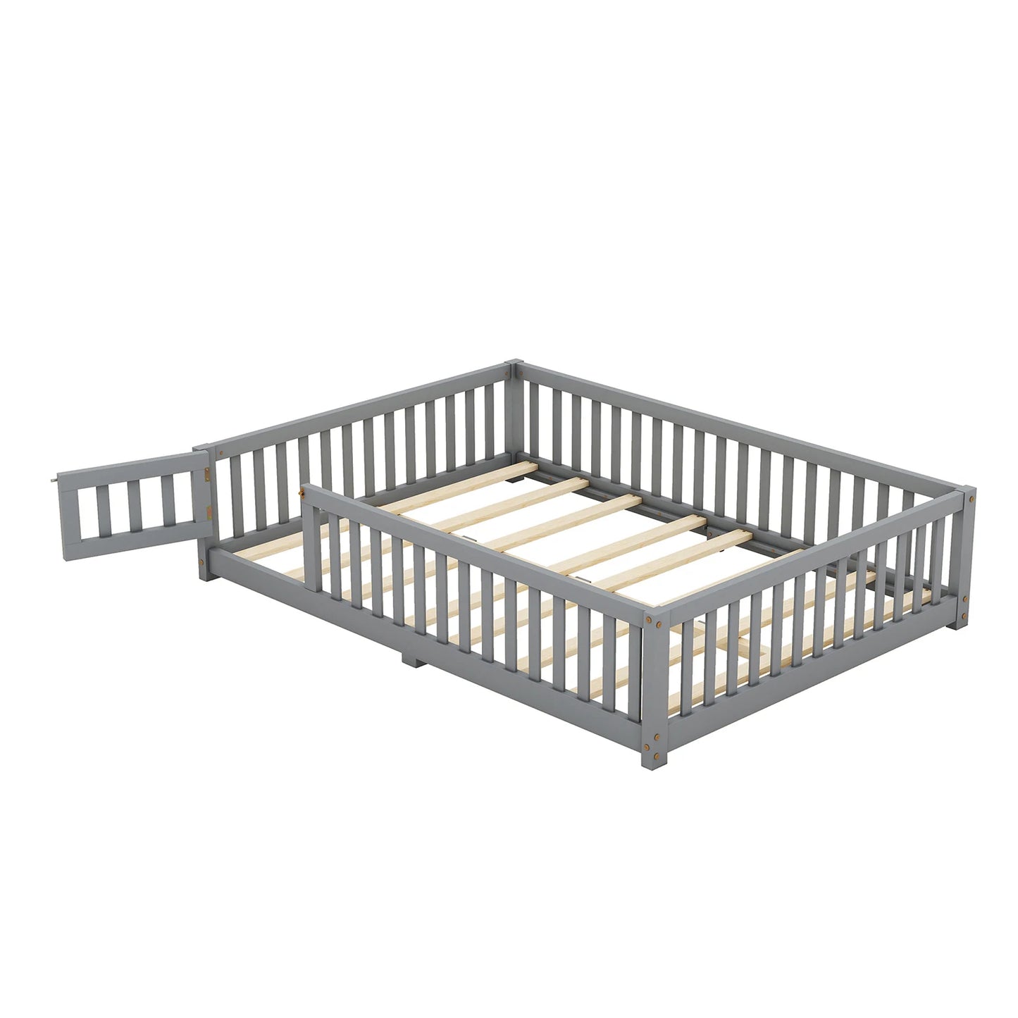 Toddler Floor Bed Frame with Safety Guardrails Doors Wood Slat Support Bed Detachable Platform Bed for Kids Bedroom Nursery