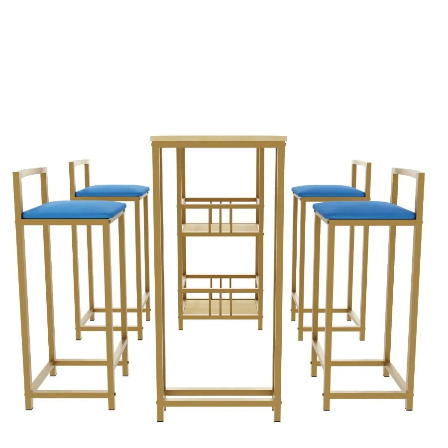 Bar table and chair five piece set gold frame multilayer tabletop chair cushion and backrest made of sponge table with storage