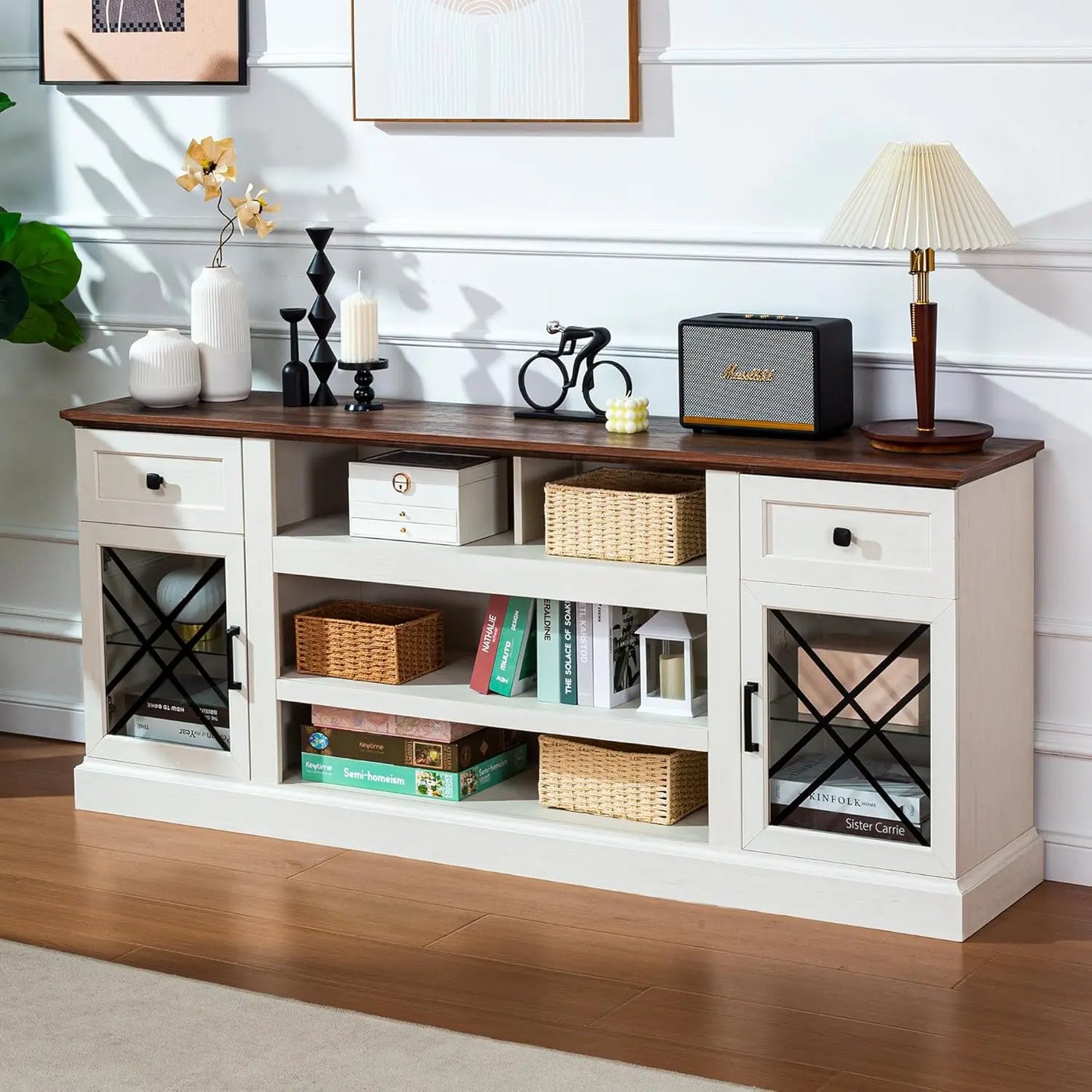 Farmhouse TV Stand Table for 75 80 inch TVs, Modern Entertainment Center with LED Lights and Glass Doors, Customized