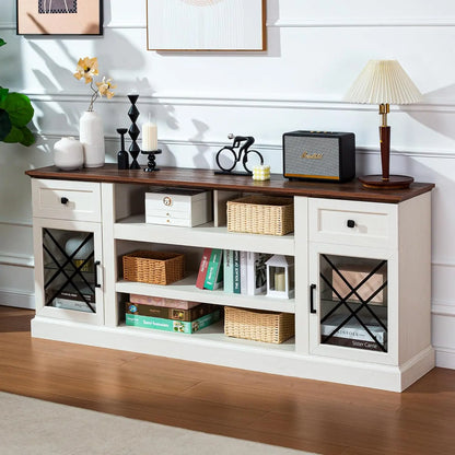 Farmhouse TV Stand Table for 75 80 inch TVs, Modern Entertainment Center with LED Lights and Glass Doors, Customized